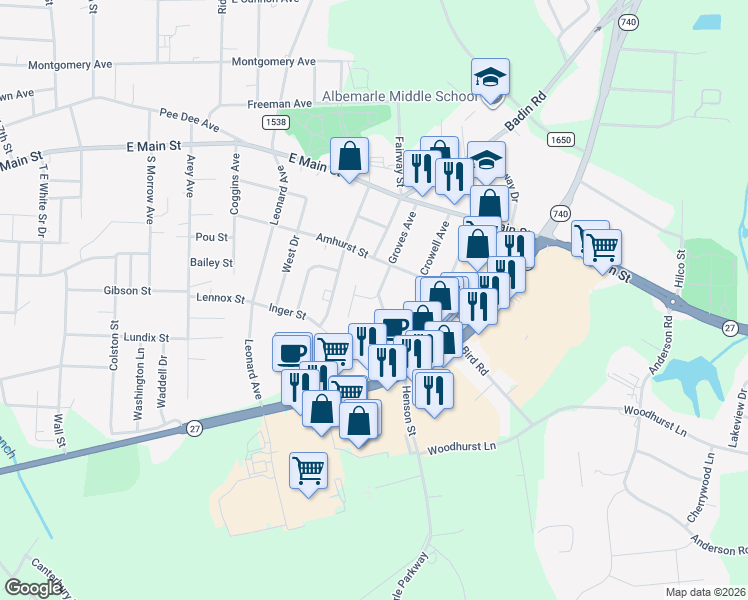 map of restaurants, bars, coffee shops, grocery stores, and more near 401 Lincolnton Street in Albemarle