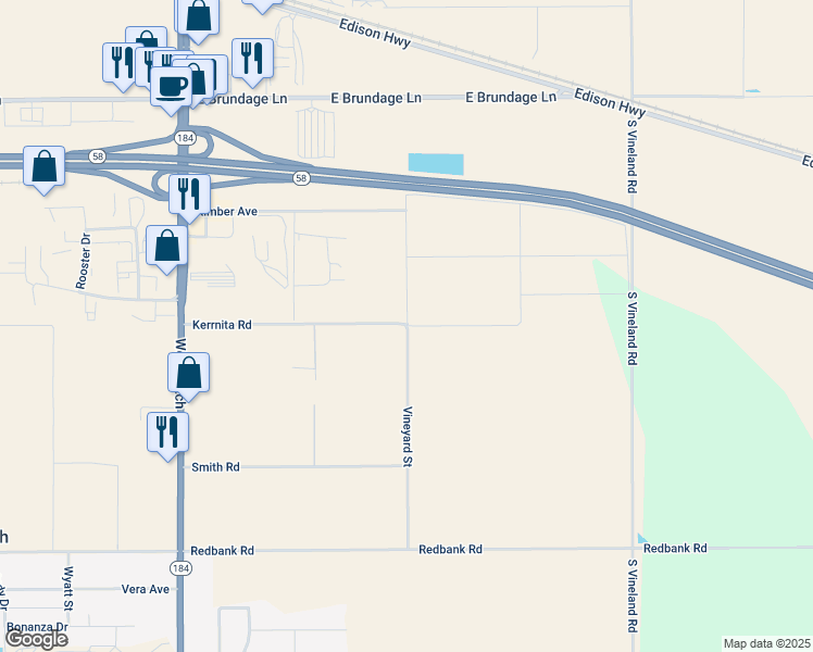 map of restaurants, bars, coffee shops, grocery stores, and more near 8718 Vineyard Road in Bakersfield