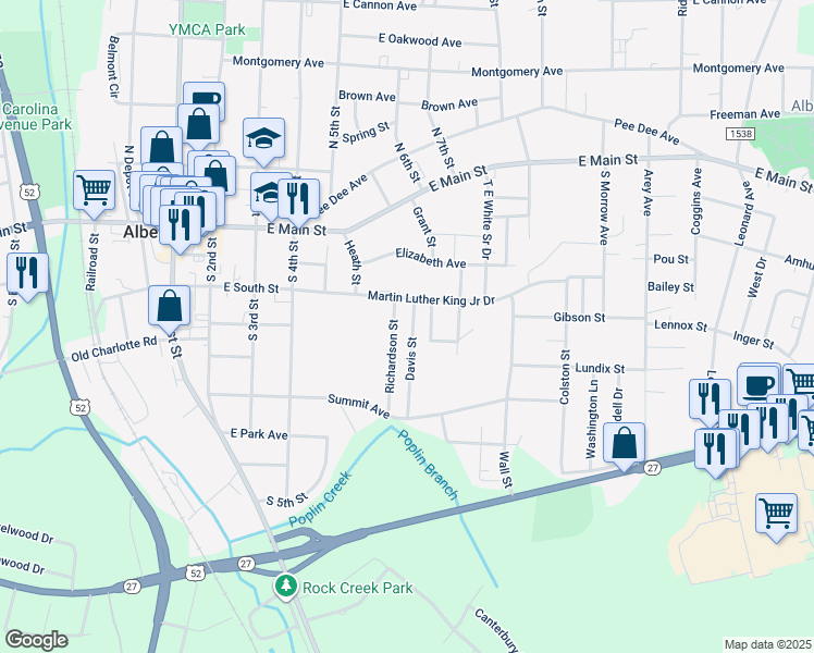 map of restaurants, bars, coffee shops, grocery stores, and more near Davis Street in Albemarle