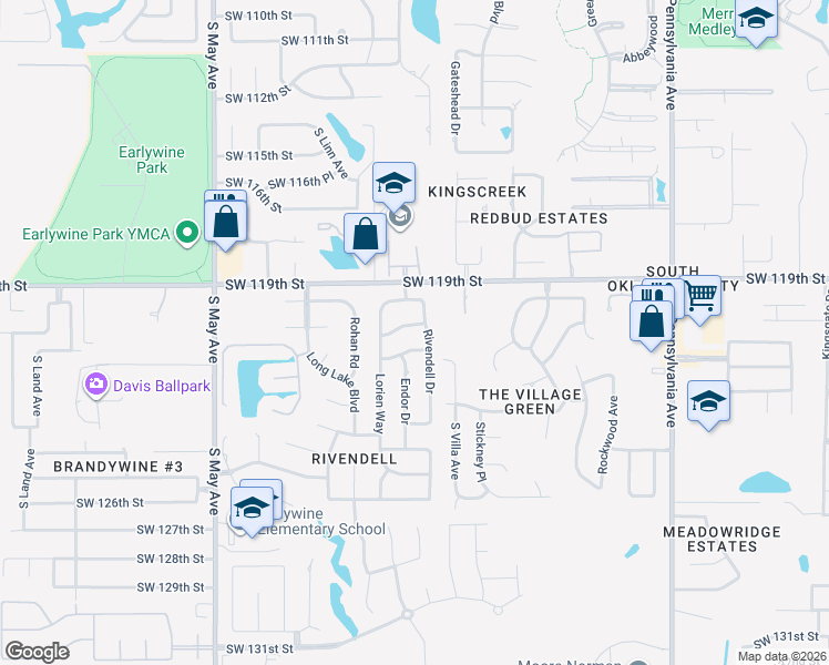 map of restaurants, bars, coffee shops, grocery stores, and more near 12012 Rivendell Drive in Oklahoma City