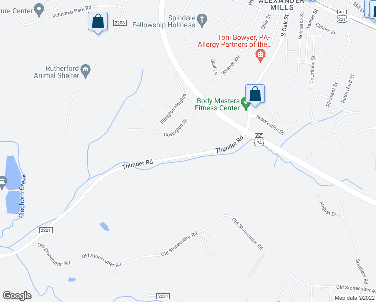 map of restaurants, bars, coffee shops, grocery stores, and more near 827 Thunder Road in Spindale