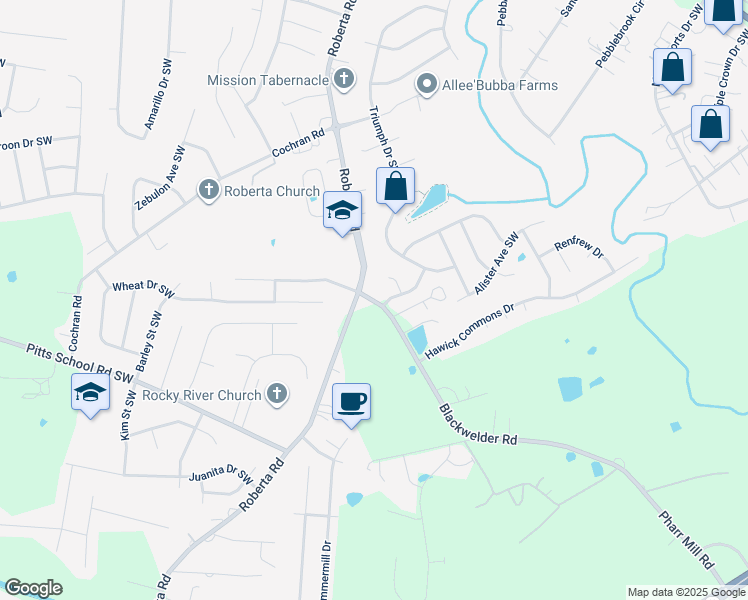 map of restaurants, bars, coffee shops, grocery stores, and more near Blackwelder Road in Concord