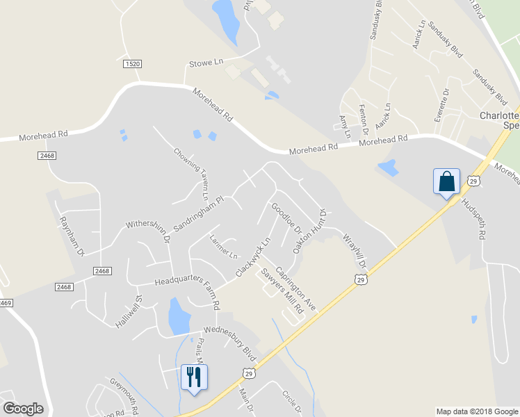 map of restaurants, bars, coffee shops, grocery stores, and more near 15131 Oldcorn Lane in Charlotte