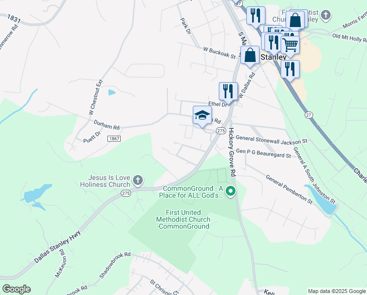 map of restaurants, bars, coffee shops, grocery stores, and more near 119 Brown Street in Stanley
