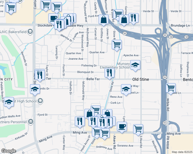 map of restaurants, bars, coffee shops, grocery stores, and more near 213 Blomquist Drive in Bakersfield
