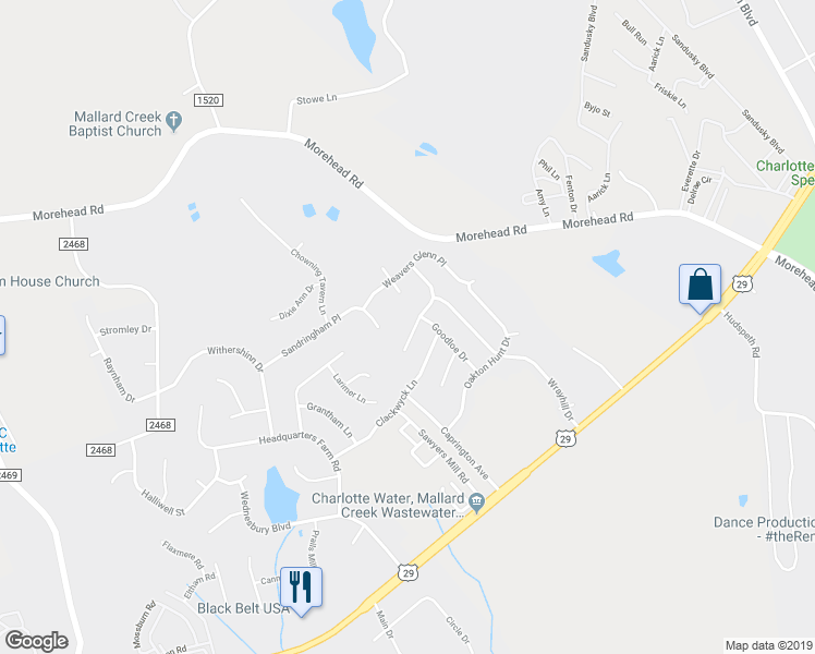 map of restaurants, bars, coffee shops, grocery stores, and more near 15203 Oldcorn Lane in Charlotte