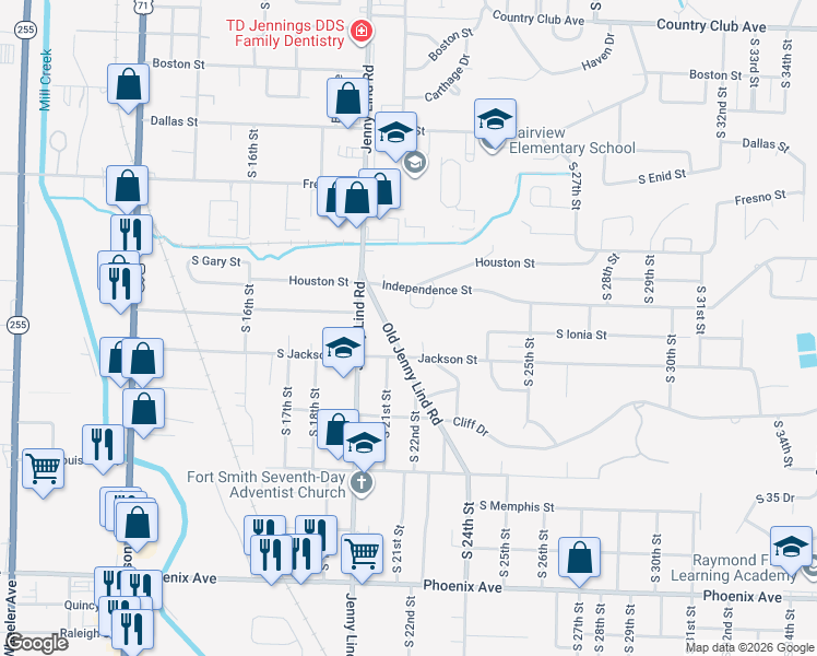map of restaurants, bars, coffee shops, grocery stores, and more near 14 Mockingbird Lane in Fort Smith