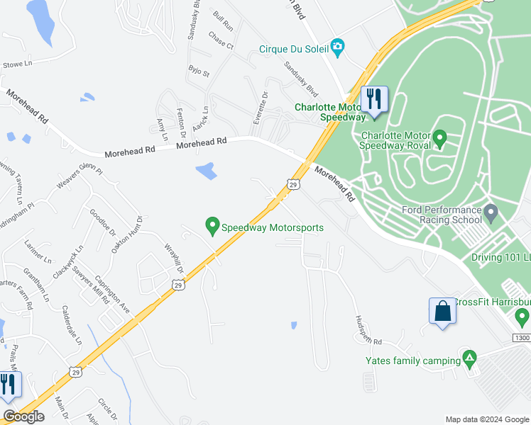 map of restaurants, bars, coffee shops, grocery stores, and more near 18660 North Tryon Street in Concord