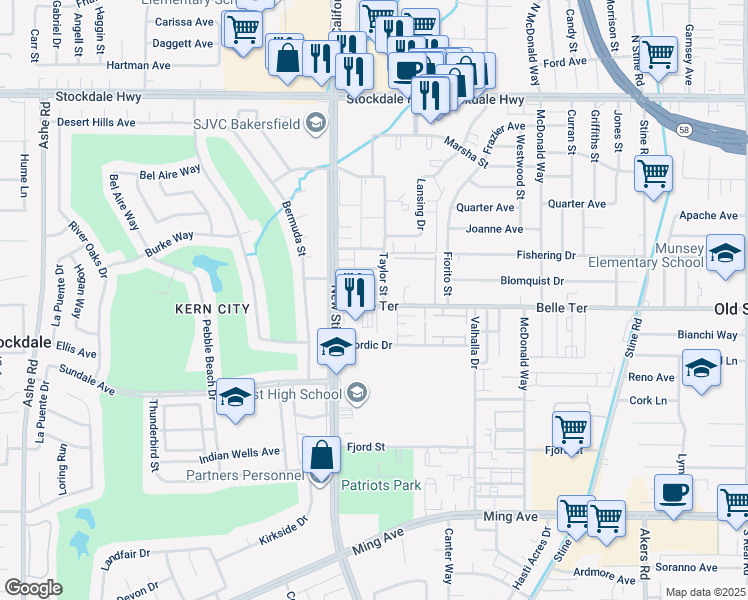 map of restaurants, bars, coffee shops, grocery stores, and more near 811 Taylor Street in Bakersfield