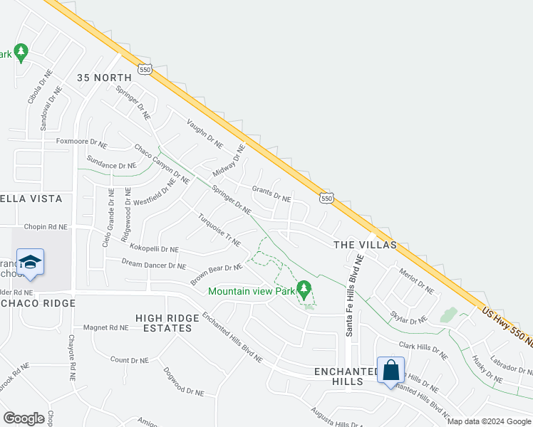 map of restaurants, bars, coffee shops, grocery stores, and more near 5205 Caprock Drive Northeast in Rio Rancho