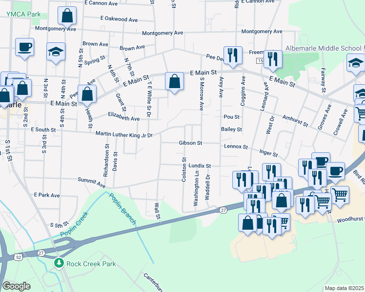 map of restaurants, bars, coffee shops, grocery stores, and more near 1043 Gibson Street in Albemarle