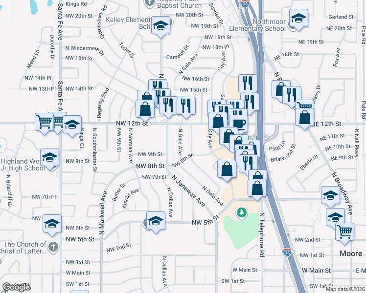 map of restaurants, bars, coffee shops, grocery stores, and more near 1008 North Gale Avenue in Moore