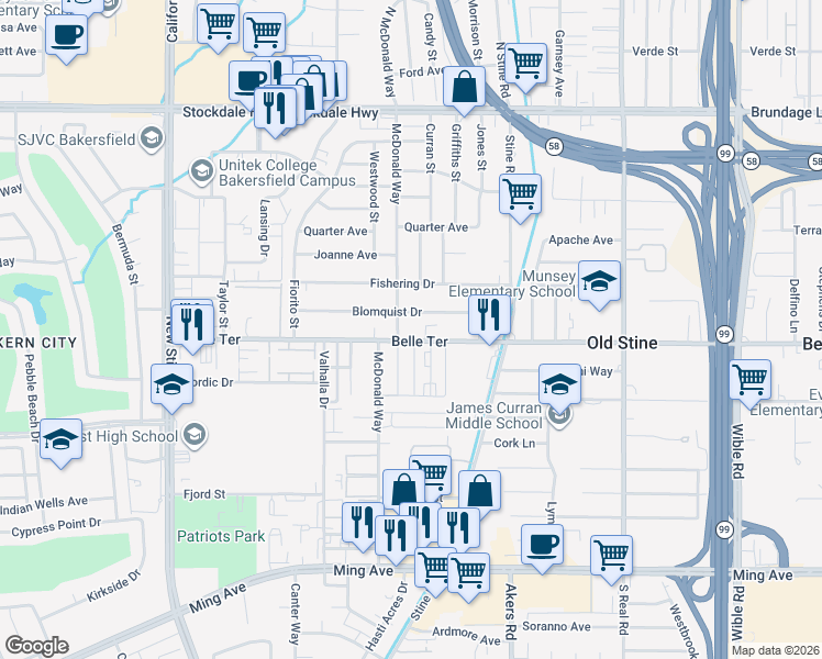 map of restaurants, bars, coffee shops, grocery stores, and more near 4424 Belle Terrace in Bakersfield