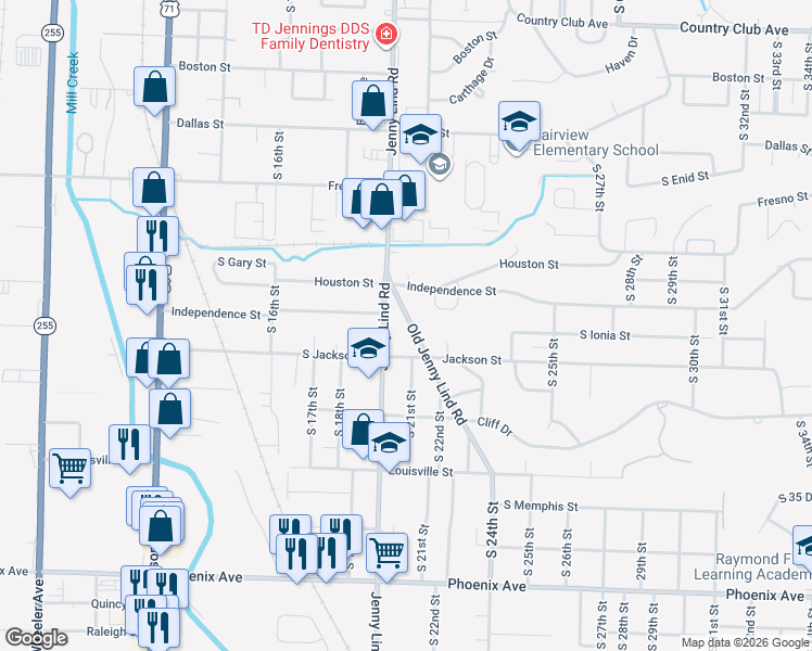 map of restaurants, bars, coffee shops, grocery stores, and more near 3721 Old Jenny Lind Road in Fort Smith