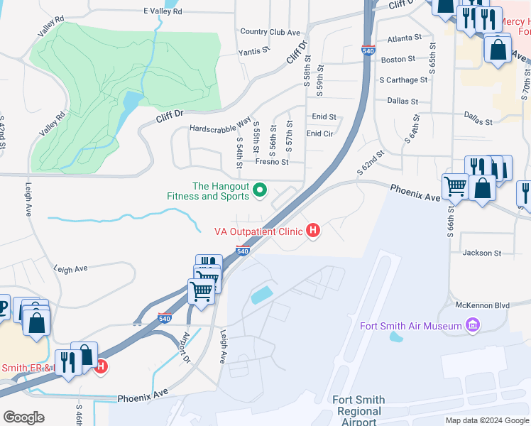 map of restaurants, bars, coffee shops, grocery stores, and more near 8 Cambridge Court in Fort Smith