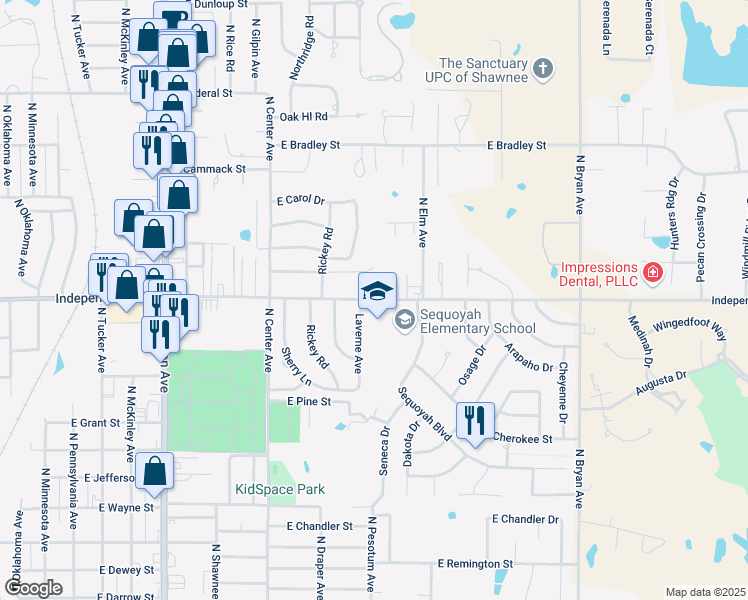 map of restaurants, bars, coffee shops, grocery stores, and more near 1521 East Independence Street in Shawnee