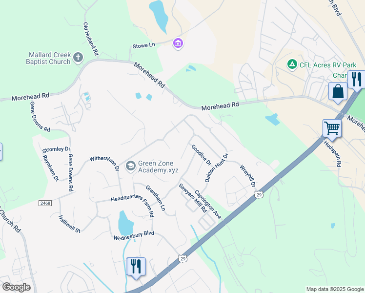 map of restaurants, bars, coffee shops, grocery stores, and more near 15203 Oldcorn Lane in Charlotte