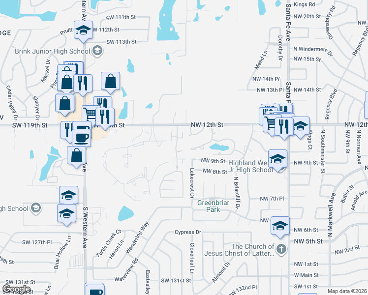 map of restaurants, bars, coffee shops, grocery stores, and more near 504 Southwest 120th Terrace in Oklahoma City