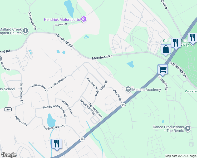 map of restaurants, bars, coffee shops, grocery stores, and more near 12715 Oakton Hunt Drive in Charlotte