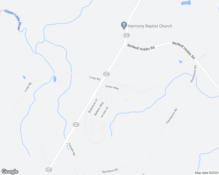 map of restaurants, bars, coffee shops, grocery stores, and more near 136 Crane Way in Bunnlevel