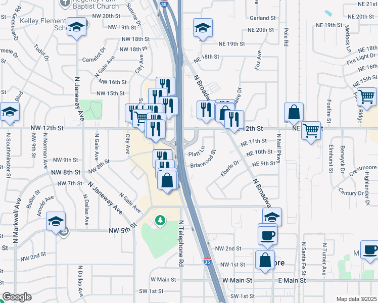 map of restaurants, bars, coffee shops, grocery stores, and more near 129 Platt Lane in Moore