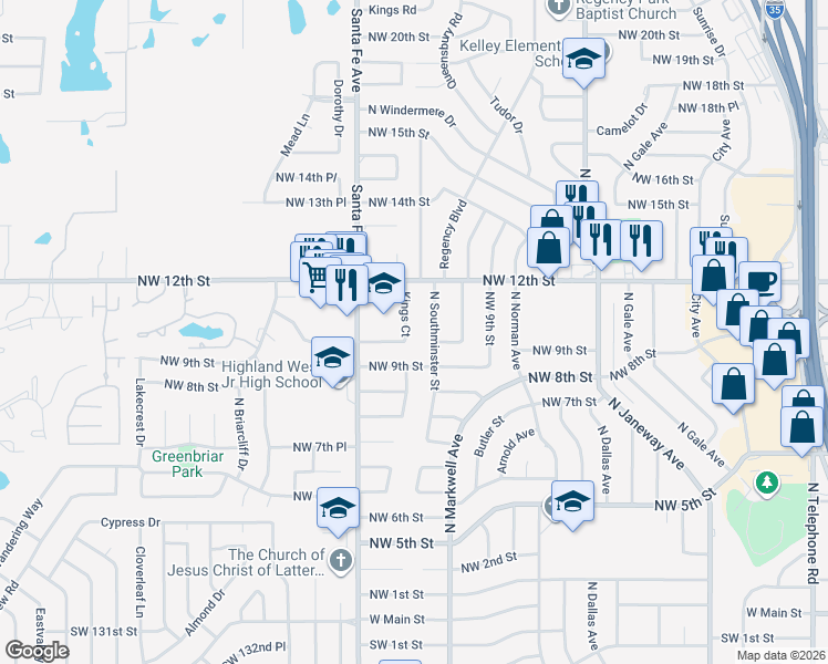 map of restaurants, bars, coffee shops, grocery stores, and more near 1117 Kings Court in Moore