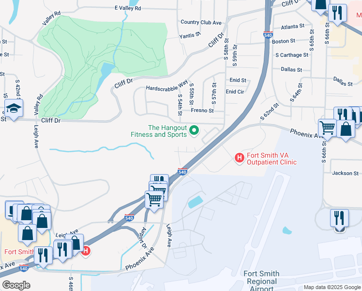 map of restaurants, bars, coffee shops, grocery stores, and more near 8 Amberwood Court in Fort Smith