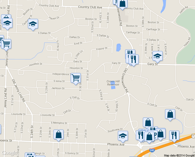 map of restaurants, bars, coffee shops, grocery stores, and more near 3709 South 32nd Street in Fort Smith
