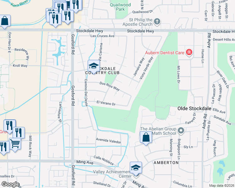 map of restaurants, bars, coffee shops, grocery stores, and more near 805 Ferdinand Court in Bakersfield