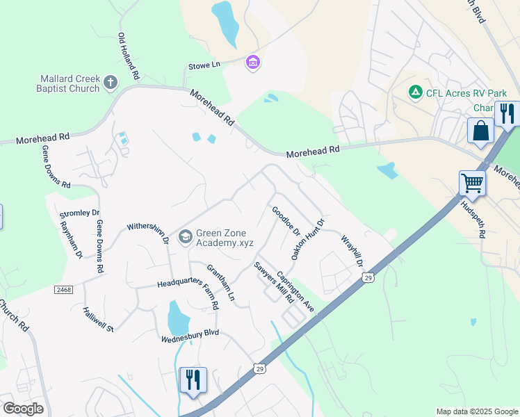 map of restaurants, bars, coffee shops, grocery stores, and more near 15203 Oldcorn Lane in Charlotte