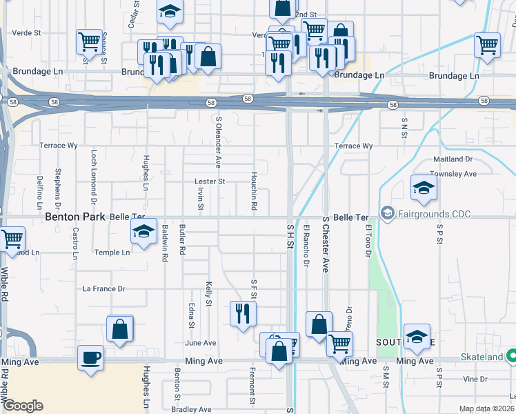 map of restaurants, bars, coffee shops, grocery stores, and more near 810 Houchin Road in Bakersfield