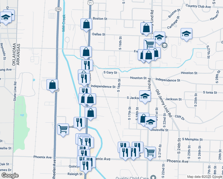 map of restaurants, bars, coffee shops, grocery stores, and more near 1508 Independence Street in Fort Smith