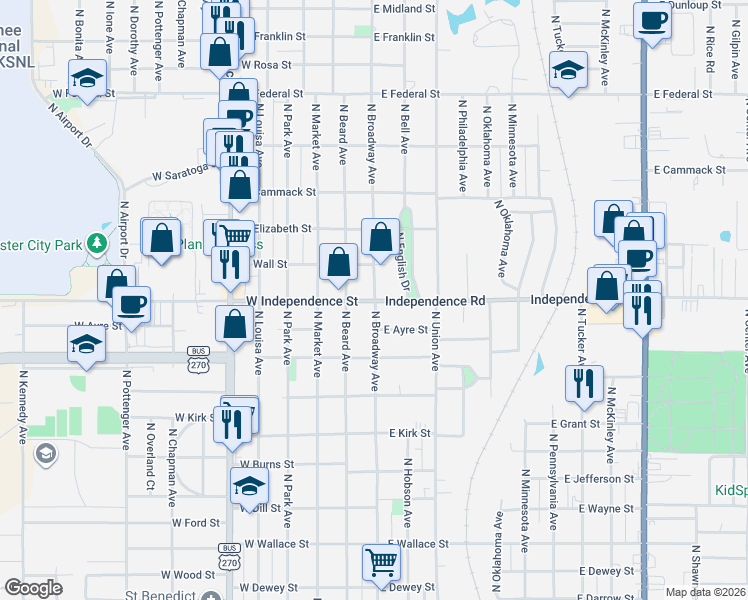 map of restaurants, bars, coffee shops, grocery stores, and more near 1502 North Broadway Avenue in Shawnee