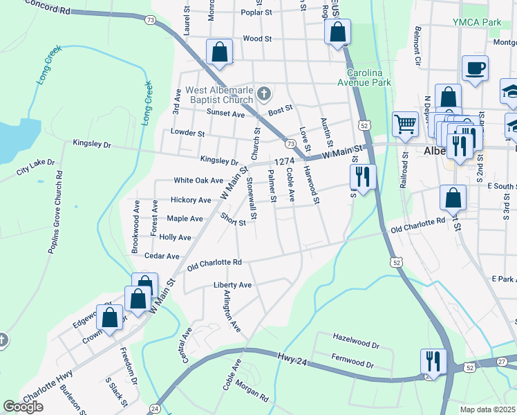 map of restaurants, bars, coffee shops, grocery stores, and more near 1221 May Street in Albemarle