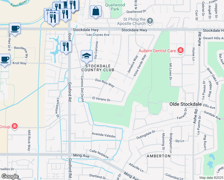 map of restaurants, bars, coffee shops, grocery stores, and more near 804 Ferdinand Court in Bakersfield