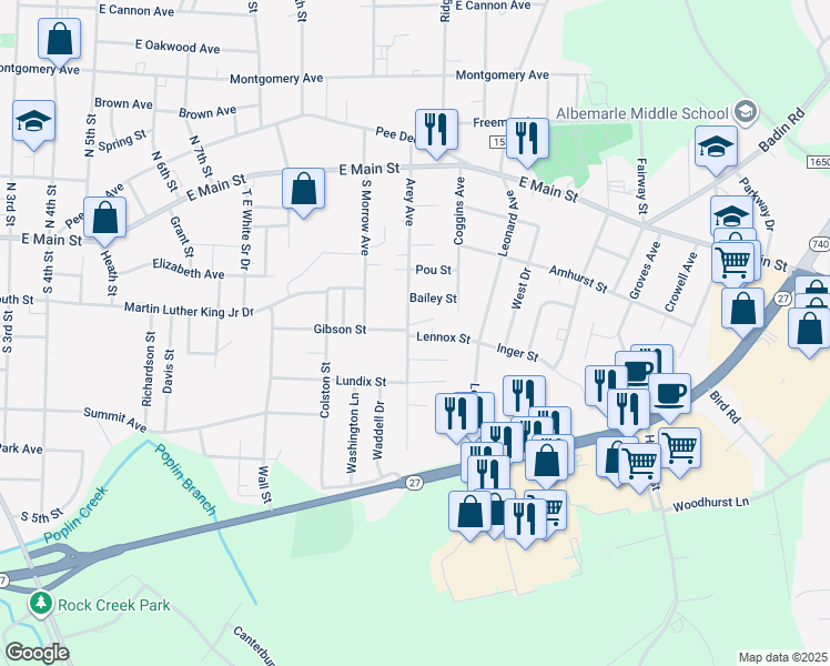 map of restaurants, bars, coffee shops, grocery stores, and more near 327 Arey Avenue in Albemarle