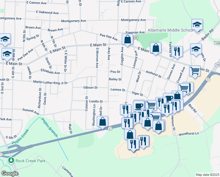 map of restaurants, bars, coffee shops, grocery stores, and more near 327 Arey Avenue in Albemarle