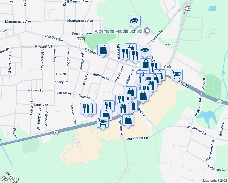 map of restaurants, bars, coffee shops, grocery stores, and more near 315 Groves Avenue in Albemarle