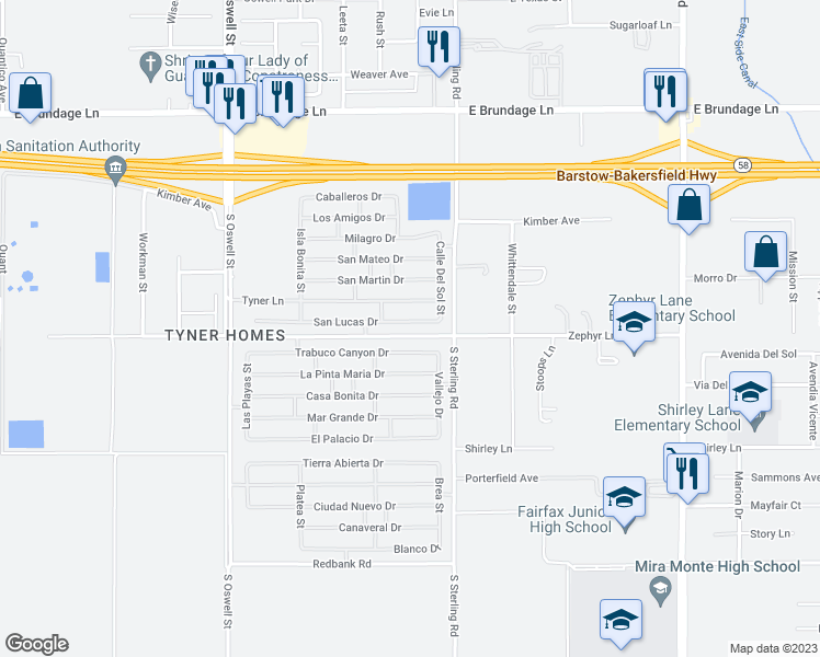 map of restaurants, bars, coffee shops, grocery stores, and more near 5511 San Lucas Drive in Bakersfield