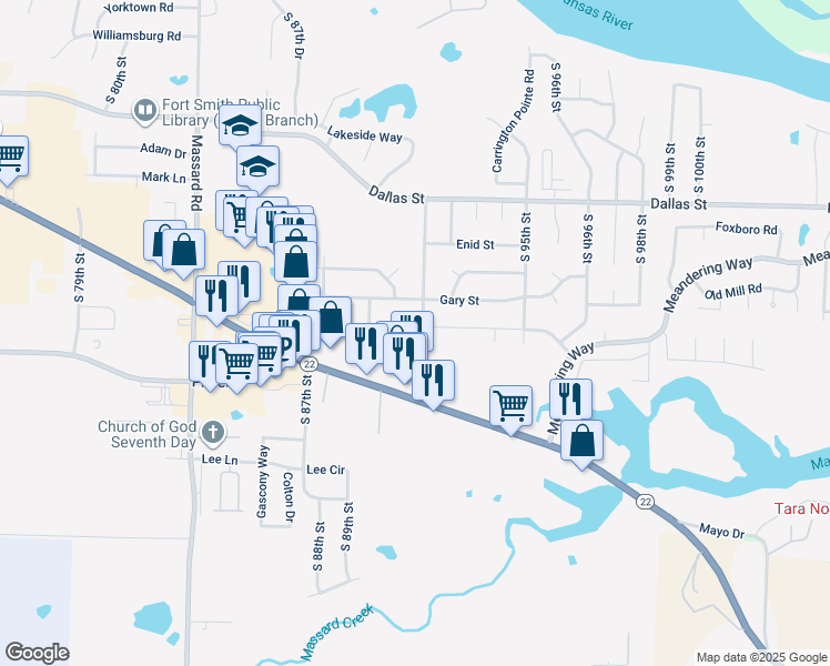 map of restaurants, bars, coffee shops, grocery stores, and more near 9016 South Houston Street in Fort Smith
