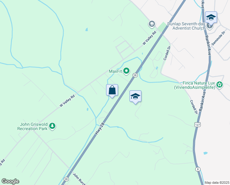 map of restaurants, bars, coffee shops, grocery stores, and more near 198 Clover Dale Road North in Dunlap