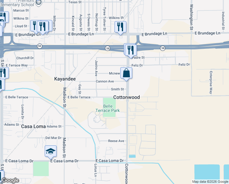map of restaurants, bars, coffee shops, grocery stores, and more near 1201 Smith Street in Bakersfield