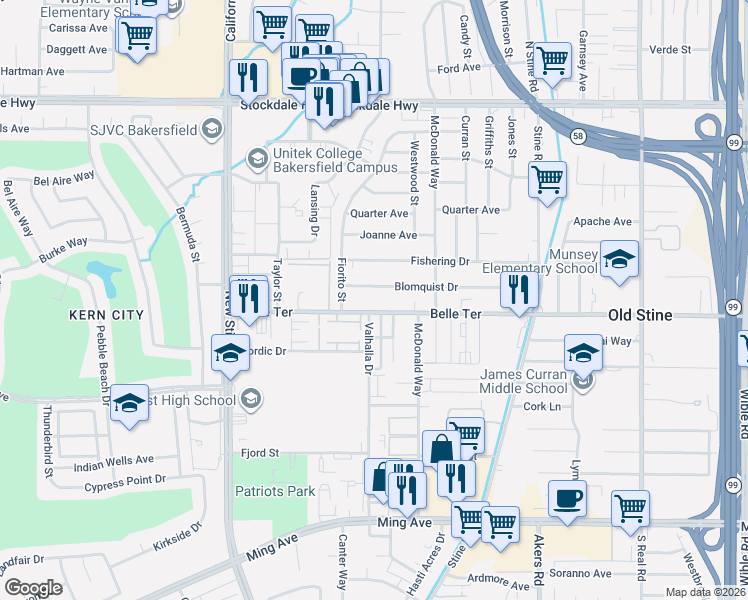 map of restaurants, bars, coffee shops, grocery stores, and more near 4601 Bloomquist Drive in Bakersfield