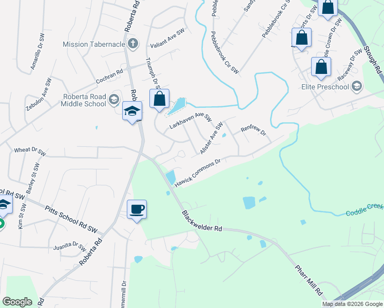 map of restaurants, bars, coffee shops, grocery stores, and more near 4648 Dunhill Lane Southwest in Concord