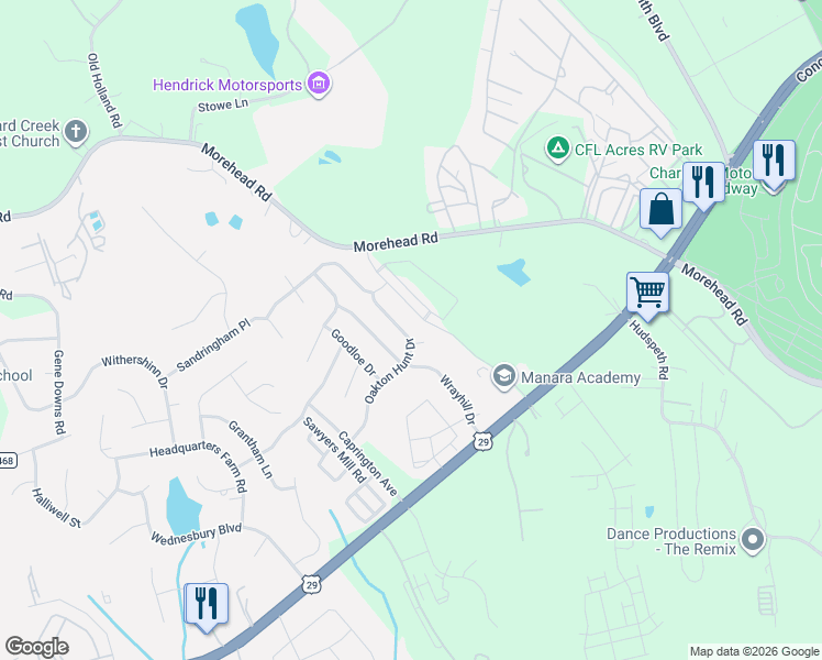map of restaurants, bars, coffee shops, grocery stores, and more near 12715 Oakton Hunt Drive in Charlotte