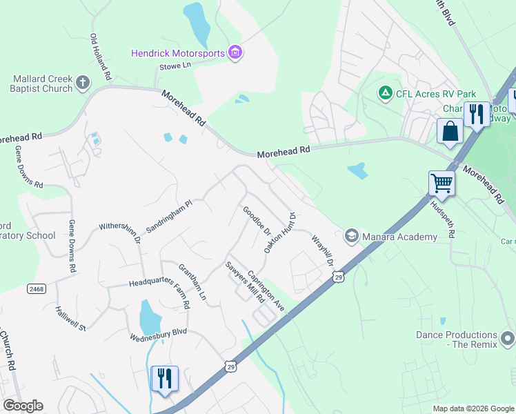 map of restaurants, bars, coffee shops, grocery stores, and more near 609 Wrayhill Drive in Charlotte