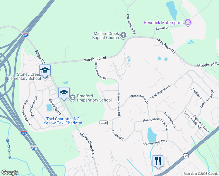map of restaurants, bars, coffee shops, grocery stores, and more near 14509 Stromley Drive in Charlotte