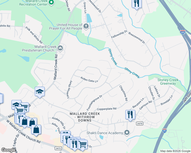map of restaurants, bars, coffee shops, grocery stores, and more near 2443 Thomashire Court in Charlotte