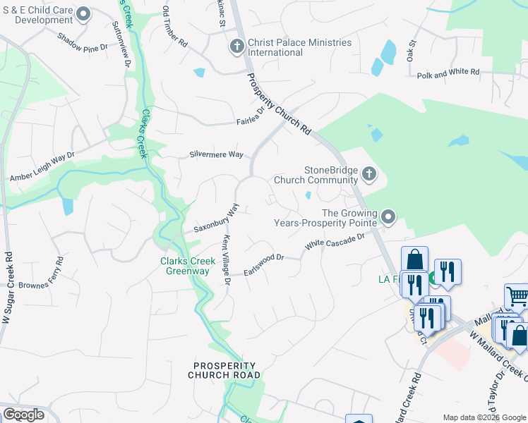 map of restaurants, bars, coffee shops, grocery stores, and more near 9810 Dusty Cedar Court in Charlotte