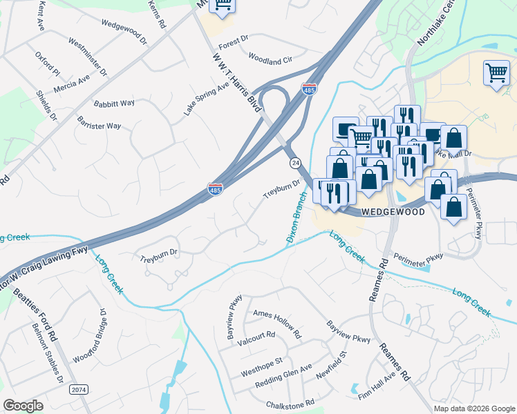 map of restaurants, bars, coffee shops, grocery stores, and more near in Charlotte